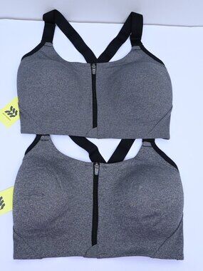 All in Motion Sports Bra Front Zipper Closure, Racerback Gray Black Size 36DD